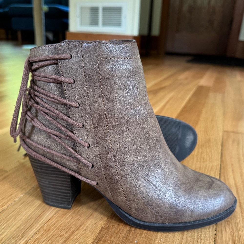 Brown Ankle Faux Leather Boots with Lace-Up Back Detail